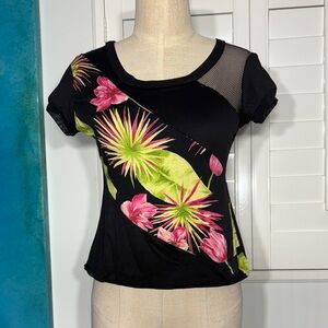 VINTAGE Tropical Floral Black Mesh Women's Top